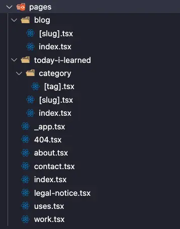 This image shows the pages folder with all the pages inside of it which is used to create routes in Next.js