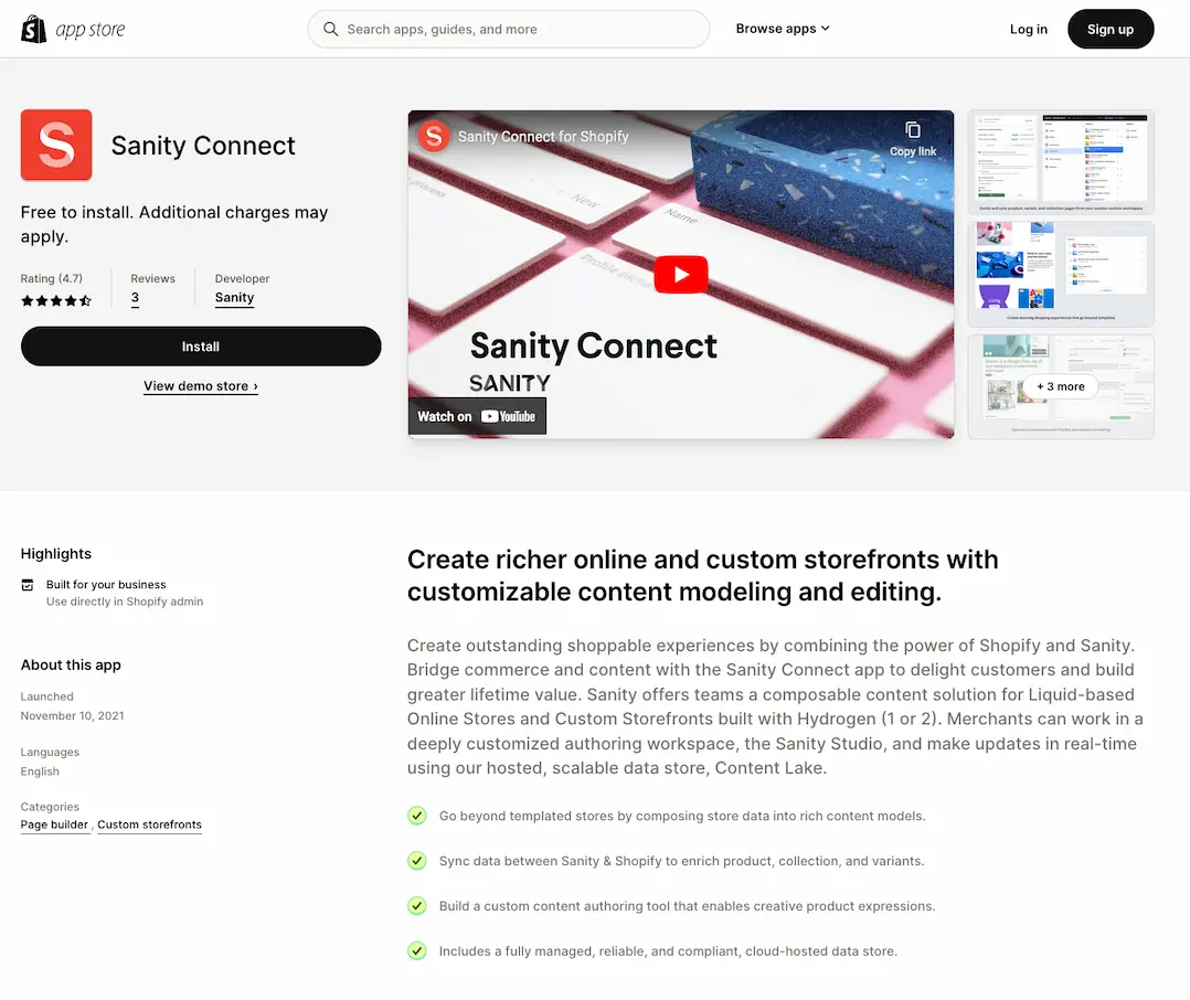 A Screenshot of the Sanity Connect App in the Shopify App Store