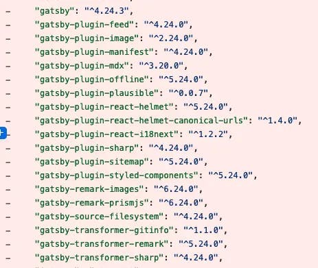 This image shows the Diff of the package.json when I removed every gatsby related package
