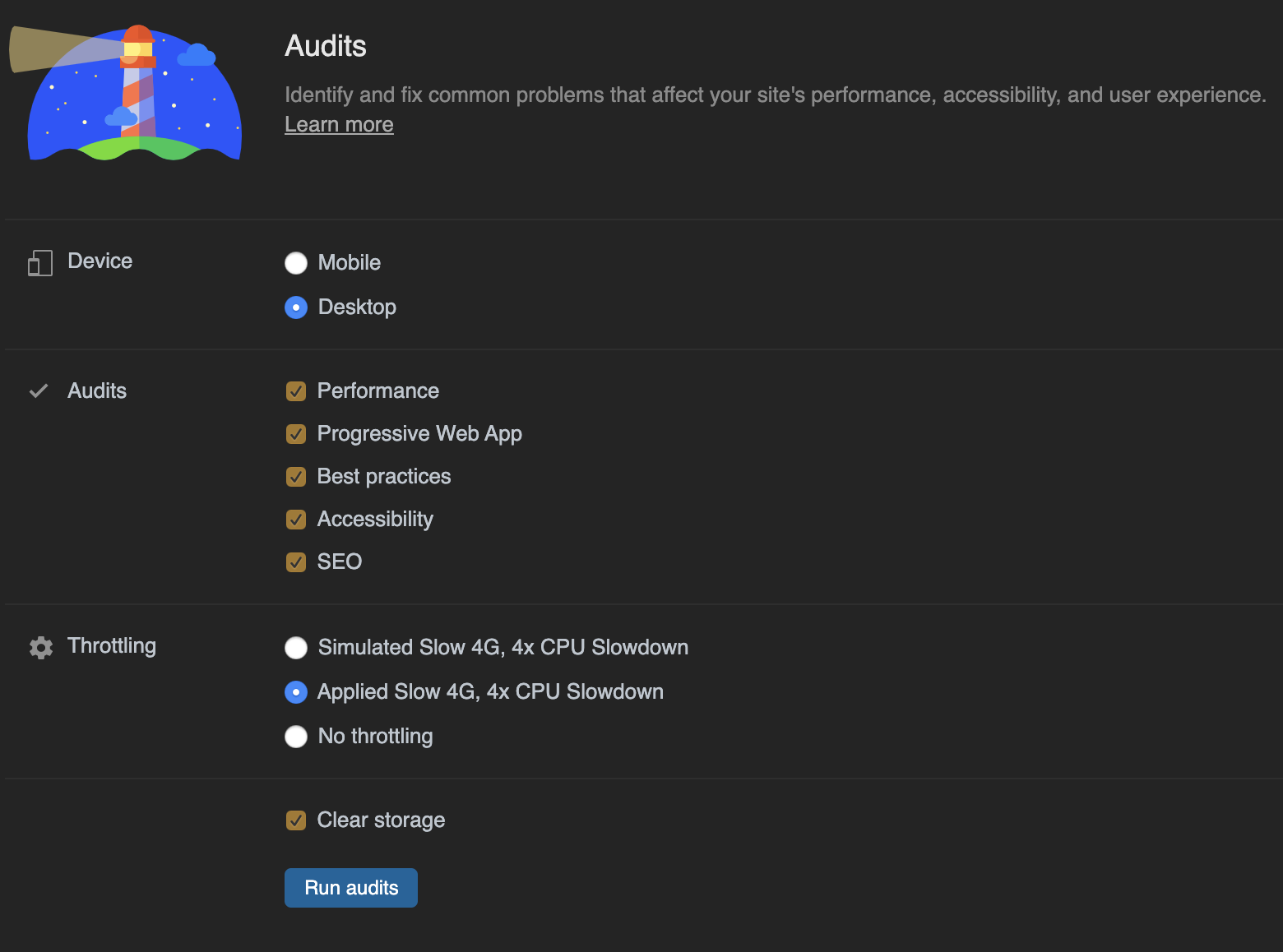 a screenshot of the chrome lighthouse audit settings