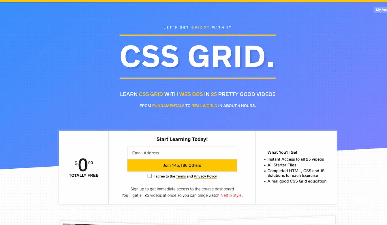 a screenshot of the css grid course website by wes bos